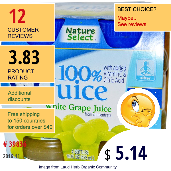 Gerber, Natureselect, 100% Juice, White Grape, 4 Bottles, 4 Fl Oz (118 Ml) Each  