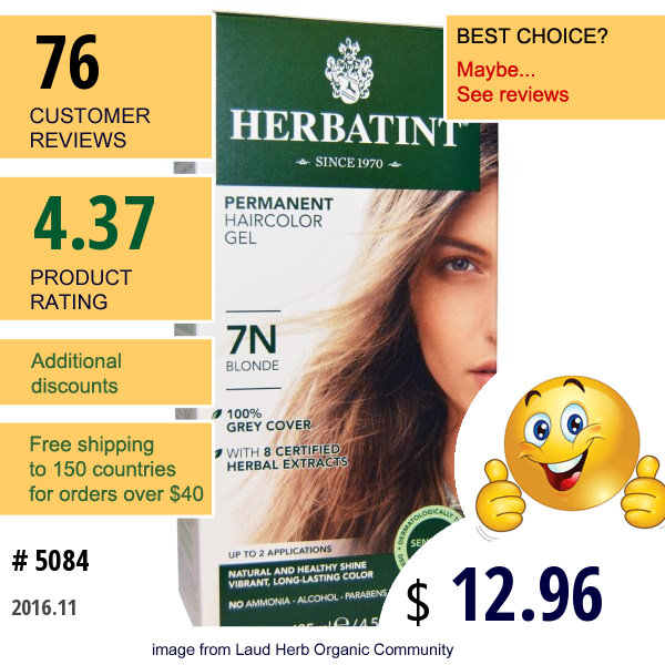 Herbatint, Permanent Haircolor Gel, 7N Blonde, 4.56 Fl Oz (135 Ml)