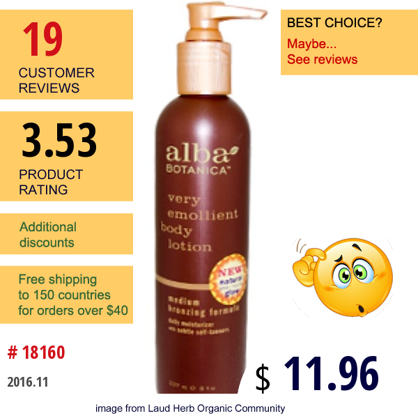 Alba Botanica, Very Emollient Body Lotion, Medium Bronzing Formula, 8 Fl Oz (237 Ml)  