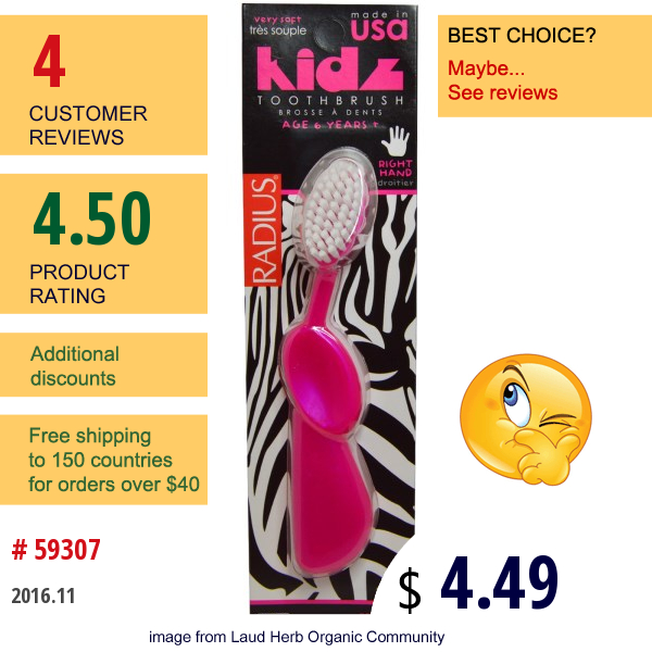 Radius, Kidz Toothbrush, Very Soft, 6Yrs+. Right Hand, Pink, 1 Toothbrush