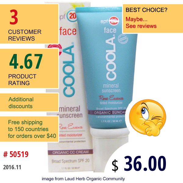 Coola Organic Suncare Collection, Mineral Face, Mineral Sunscreen, Spf 20, Rose Essence, 1.7 Fl Oz (50 Ml)