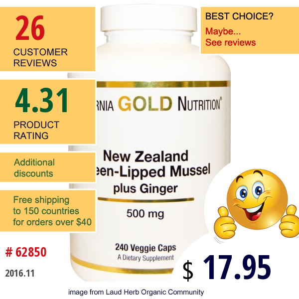 California Gold Nutrition, New Zealand, Green-Lipped Mussel Plus Ginger, 500 Mg, 240 Veggie Caps