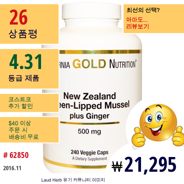California Gold Nutrition, 뉴질랜드, 녹색입 홍합 + 진져, 500 Mg, 240 베지 캡슐