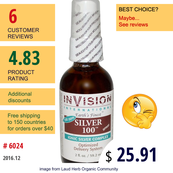 Invision International, Earths Finest, Silver 100, Spray, Ionic Silver Complex, 2 Fl Oz (59.2 Ml)  