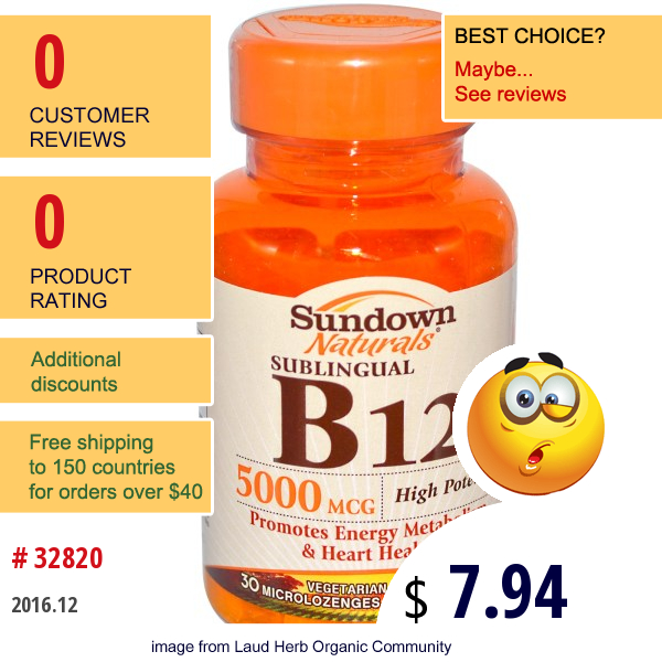 Sundown Naturals, High Potency Sublingual B12, 5000 Mcg, 30 Microlozenges  