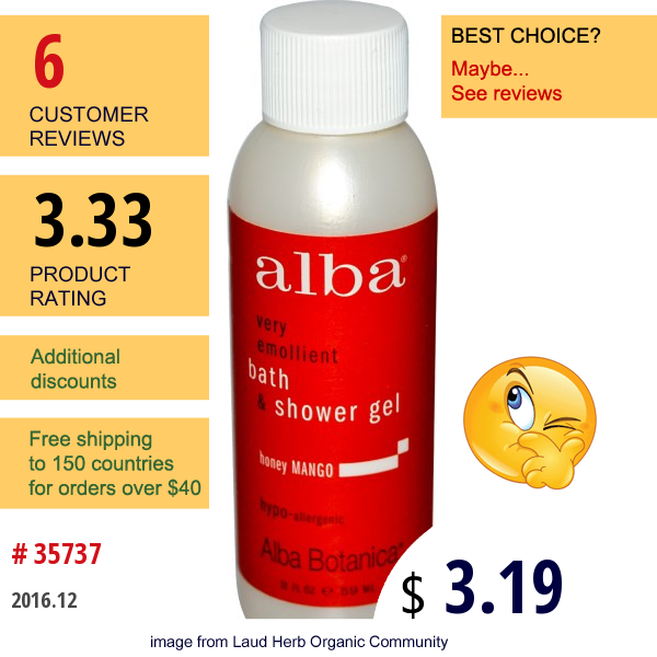 Alba Botanica, Very Emollient Bath & Shower Gel, Honey Mango, 2 Fl Oz (59 Ml)  