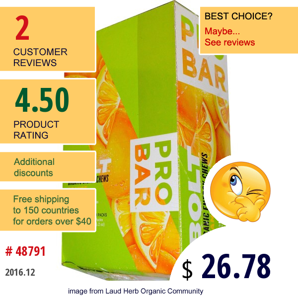 Probar, Bolt, Organic Energy Chews, Orange, 12 Packs, 2.1 Oz (60 G) Each  