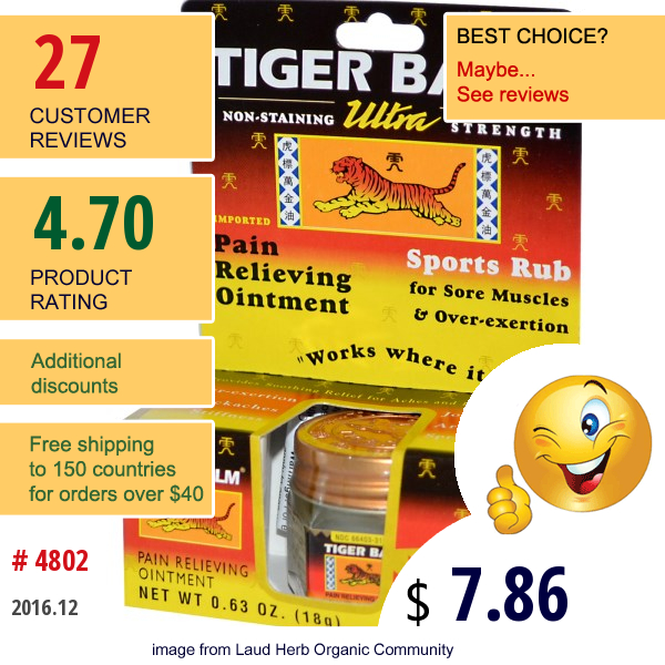 Tiger Balm, Ultra Strength Pain Relieving Ointment, 0.63 Oz (18 G)