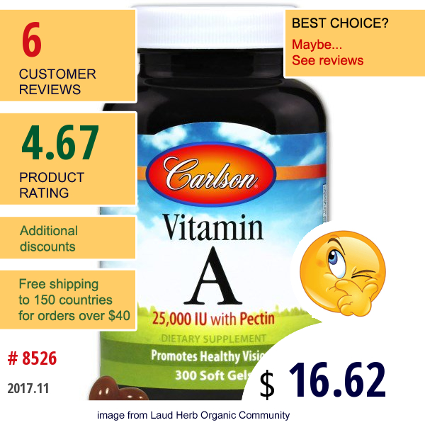 Carlson Labs, Vitamin A, 25,000 Iu, 300 Softgels