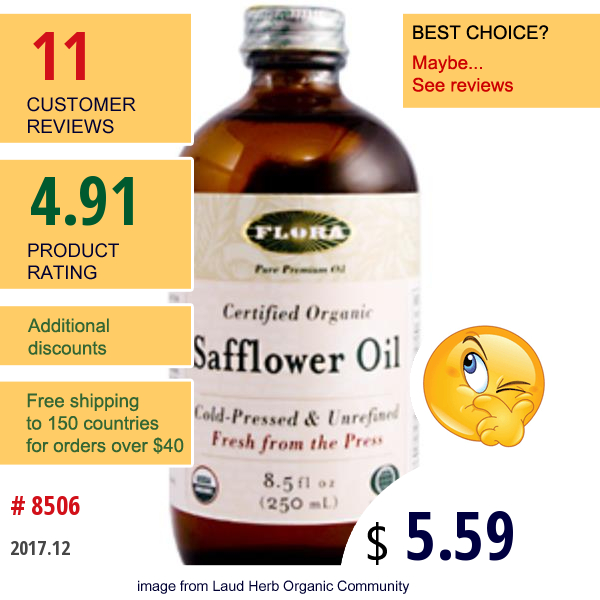 Flora, Certified Organic Safflower Oil, 8.5 Fl Oz (250 Ml)  