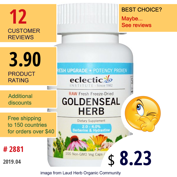Eclectic Institute, Goldenseal Herb, Raw, 300 Mg, 100 Non-Gmo Veg Caps