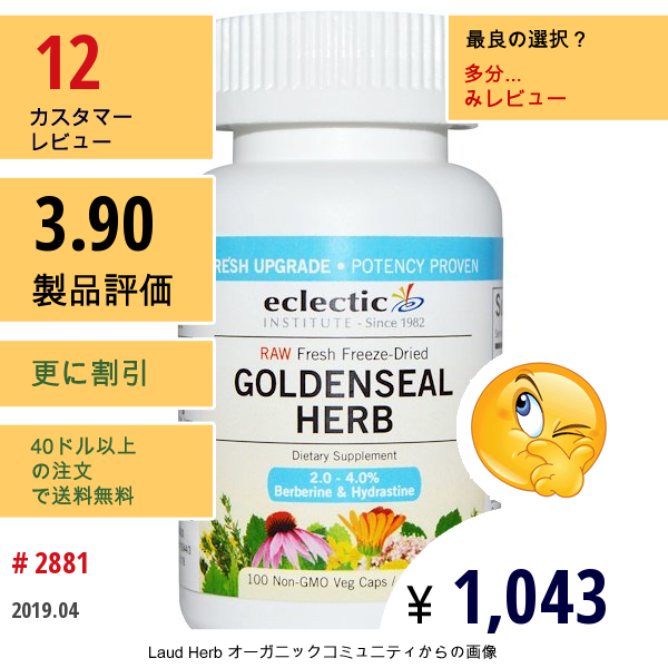 Eclectic Institute, ゴールデンシールハーブ（Goldenseal Herb）, 生, 300 Mg, 100粒（非Gmoベジタリアンカプセル）