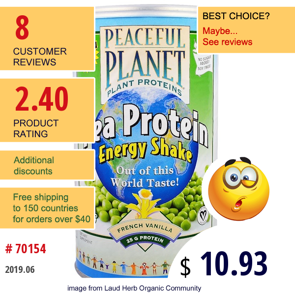 Veglife, Pea Protein Energy Shake, French Vanilla, 18.9 Oz (534 G)  