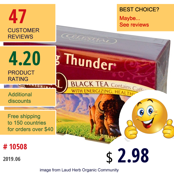 Celestial Seasonings, Black Tea, Morning Thunder, 20 Tea Bags, 1.4 Oz (40 G)