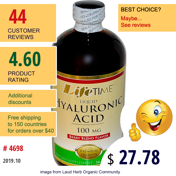 Lifetime Vitamins, Liquid Hyaluronic Acid, Berry Blend Flavor, 100 Mg, 16 Fl Oz (473 Ml)  