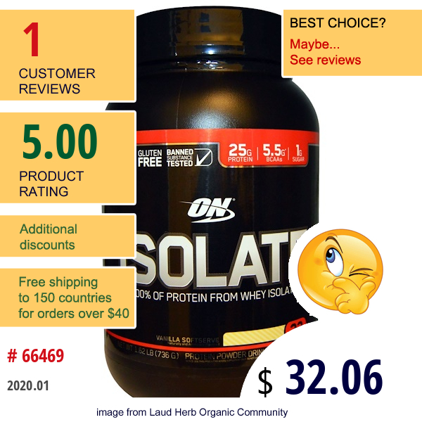 Optimum Nutrition, Isolate, Vanilla Softserve, 1.62 Lb (736 G)  