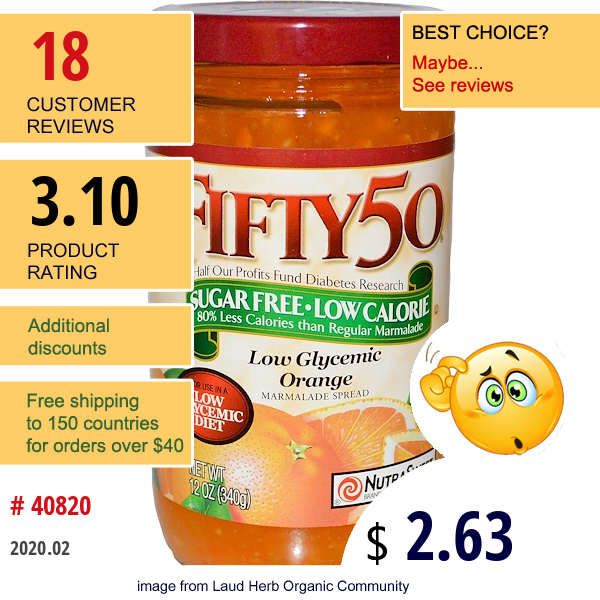Fifty 50, Low Glycemic Marmalade Spread, Sugar Free, Orange, 12 Oz (340 G)  