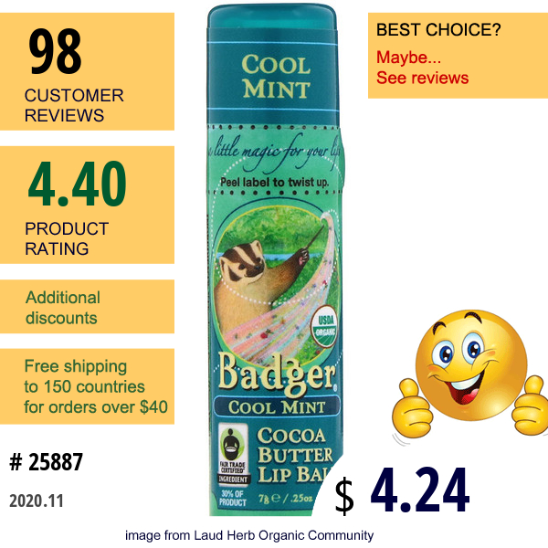 Badger Company, Cocoa Butter Lip Balm, Cool Mint, .25 Oz (7 G)