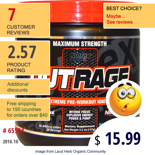 Nutrex Research Labs, Outrage, Extreme Pre-Workout Igniter, Blue Raspberry, 5.2 Oz (147 G)  