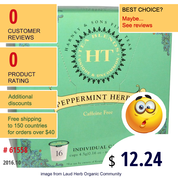 Harney & Sons, Peppermint Herbal Tea, Caffeine Free, 16 Cups, 0.16 Oz (4.5 G) Each