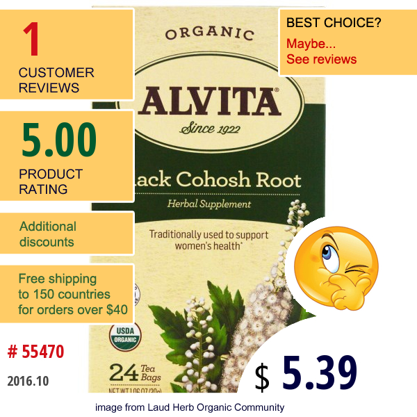 Alvita Teas, Organic, Black Cohosh Root Tea, Caffeine Free, 24 Tea Bags, 1.06 Oz (30 G)  