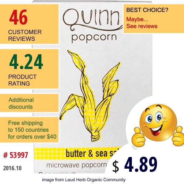 Quinn Popcorn, Butter & Sea Salt, 2 Bags, 3.5 Oz (98 G) Each
