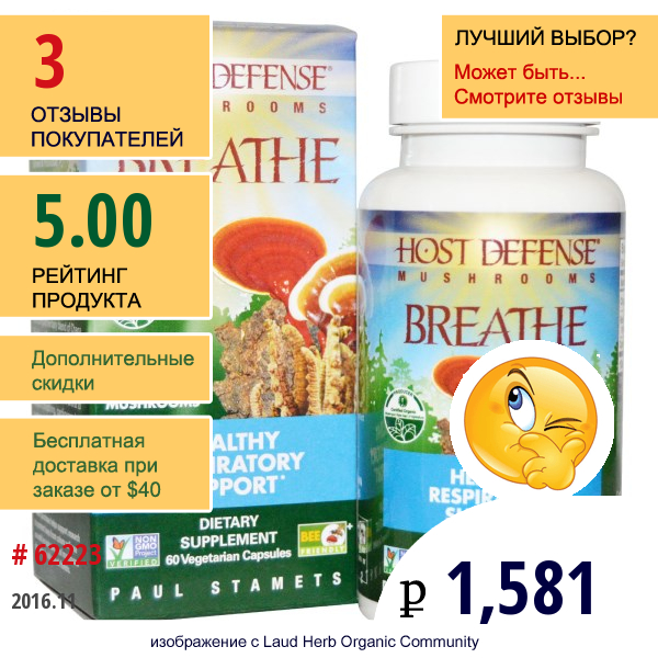 Fungi Perfecti, Host Defense, Breathe, 60 Растительных Капсул