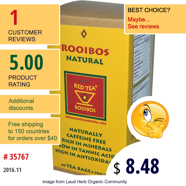 African Red Tea Imports, Rooibos Natural, Caffeine Free, 40 Tea Bags, 3.9 Oz (100 G) African Red Tea Imports, Rooibos Natural, Caffeine Free, 40 Tea Bags, 3.9 Oz (100 G)