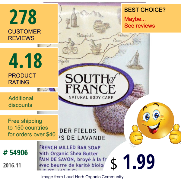 South Of France, Lavender Fields, French Milled Bar Soap With Organic Shea Butter, 1.5 Oz  (42.5 G)  