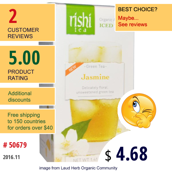 Rishi Tea, Organic Artisan Iced Tea, Green Tea, Jasmine, 5 1-Quart Iced Tea Sachets, 1.41 Oz (40 G)  