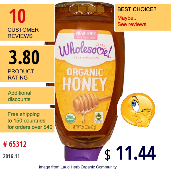 Wholesome Sweeteners, Inc., Organic Honey, 24 Oz (680 G)