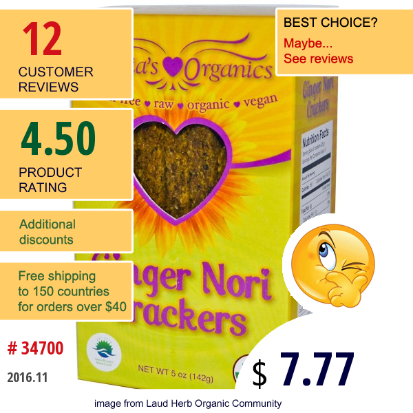 Lydias Organics, Ginger Nori Crackers, 5 Oz (142 G)  