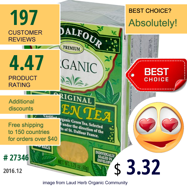 St. Dalfour, Organic, Original Green Tea, 25 Tea Bags, 1.75 Oz (50 G)