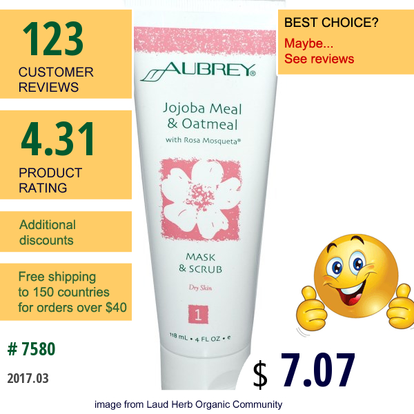 Aubrey Organics, Mask & Scrub, Jojoba Meal & Oatmeal, With Rosa Mosqueta, 4 Fl Oz (118 Ml)  