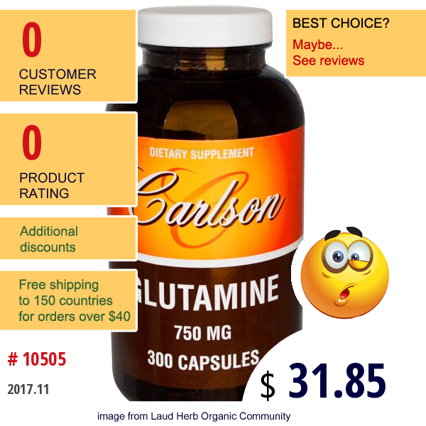 Carlson Labs, L-Glutamine, 750 Mg, 300 Capsules  