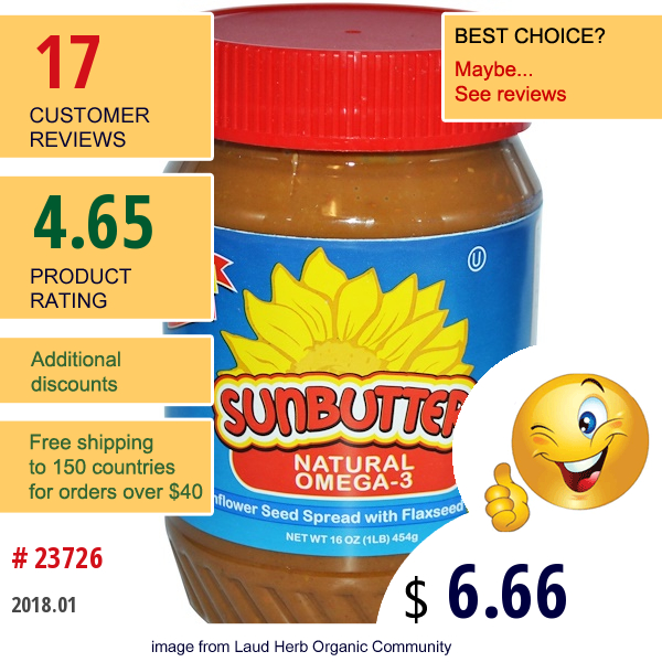 Sunbutter, Natural Omega-3, Sunflower Seed Spread With Flaxseed, 16 Oz (454 G)  