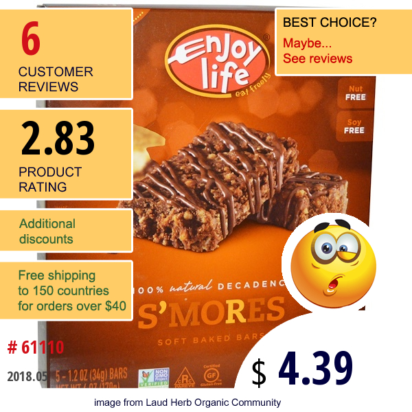 Enjoy Life Foods, Soft Baked Bars, Smores, 5 Bars, 1.2 Oz (34 G) Each  