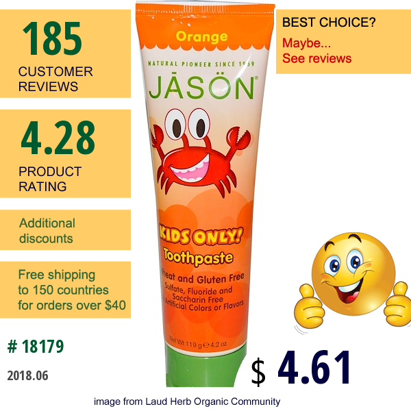 Jason Natural, Kids Only!, Toothpaste, Orange, 4.2 Oz (119 G)