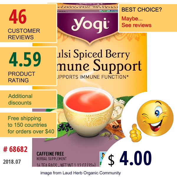 Yogi Tea, Tulsi Spiced Berry Immune Support, 16 Tea Bags, 1.12 Oz (32 G)