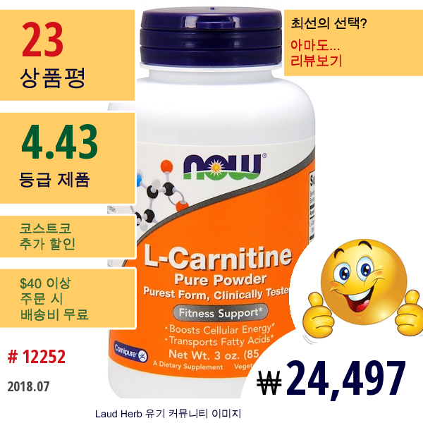 Now Foods, L-카르니틴, 퓨어 파우더, 3 Oz (85 G)