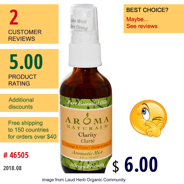 Aroma Naturals, Aromatic Mist, Clarity, Orange & Cedar, 2 Fl Oz (59 Ml)  