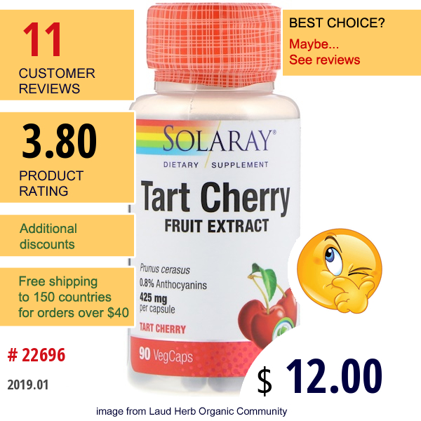 Solaray, Tart Cherry Fruit Extract, 425 Mg, 90 Vegcaps