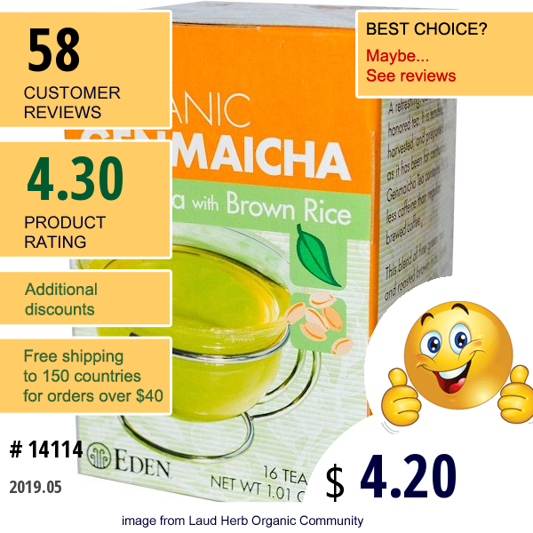 Eden Foods, Organic Genmaicha, Green Tea With Brown Rice, 16 Tea Bags 1.01 Oz (29 G)