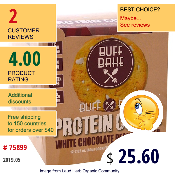 Buff Bake, Protein Cookie, White Chocolate Peanut Butter, 12 Cookies, 2.82 Oz (80 G) Each  