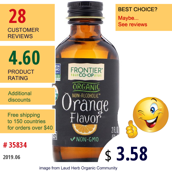 Frontier Natural Products, Organic Orange Flavor, Alcohol-Free, 2 Fl Oz (59 Ml)
