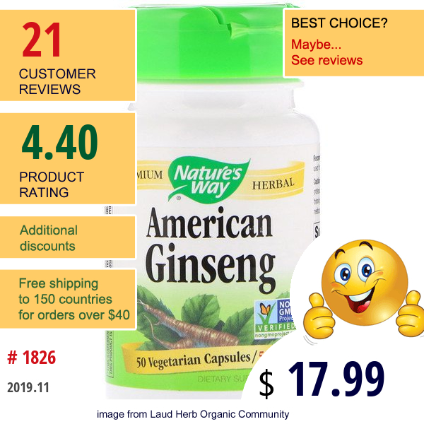 Nature'S Way, American Ginseng, 550 Mg, 50 Vegetarian Capsules