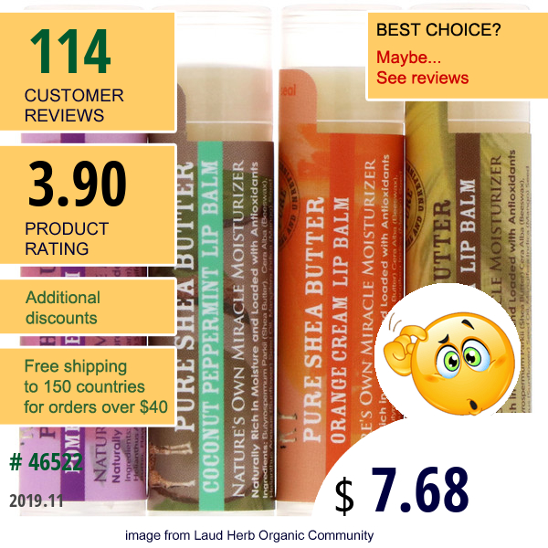 Out Of Africa, Pure Shea Butter Lip Balm With Vitamin E, 3 Flavors + 1 Bonus, 4 Sticks, 0.15 Oz (4.2 G) Each  