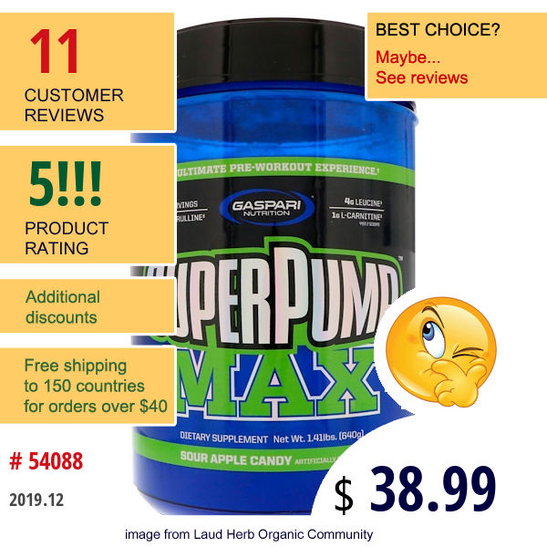 Gaspari Nutrition, Superpump Max, Sour Apple Candy, 1.41 Lbs (640 G)  