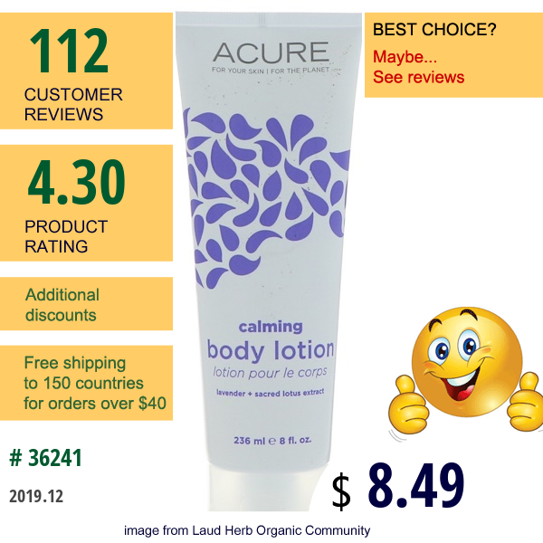 Acure, Calming Body Lotion, Lavender + Sacred Lotus Extract, 8 Fl Oz (236 Ml)  