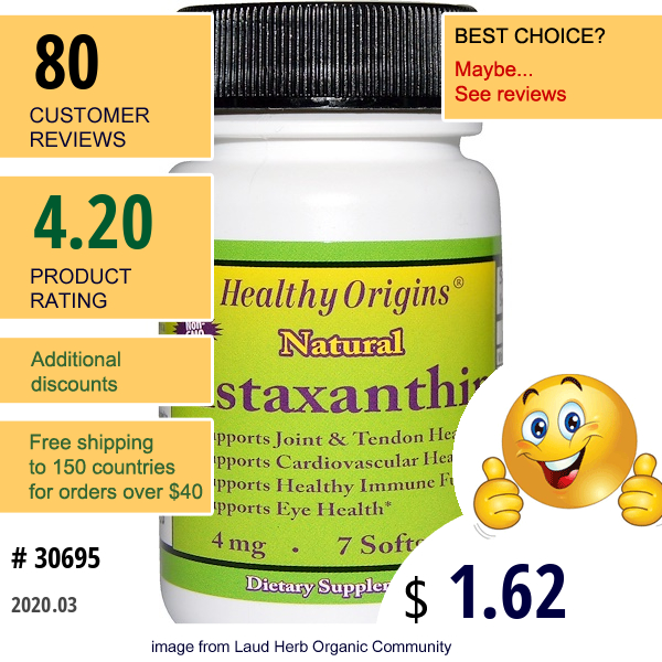 Healthy Origins, Astaxanthin, 4 Mg, 7 Softgels  